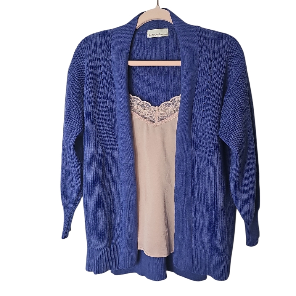 New Zenana Blue Ribbed Cardigan Sweater Size L Open Front Pockets